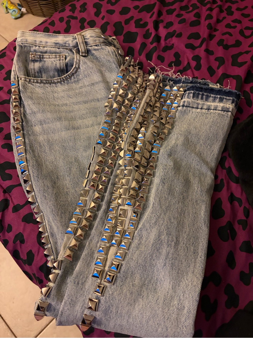 MNML Light Blue Straight Jeans with Silver Pyramid Studs